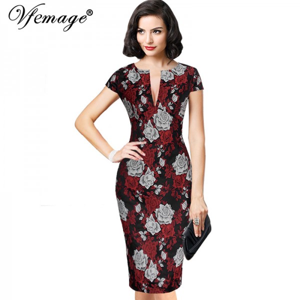 Vfemage Womens Sexy Elegant Jacquard Floral Flower Party Evening Mother of Bride Casual Sheath Bodycon Dress 3600