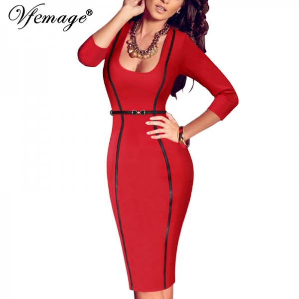 Vfemage Womens Sexy Elegant Square Neck Belted Business Casual Party Club Wear To Work Office Pencil Sheath Bodycon Dress 4046