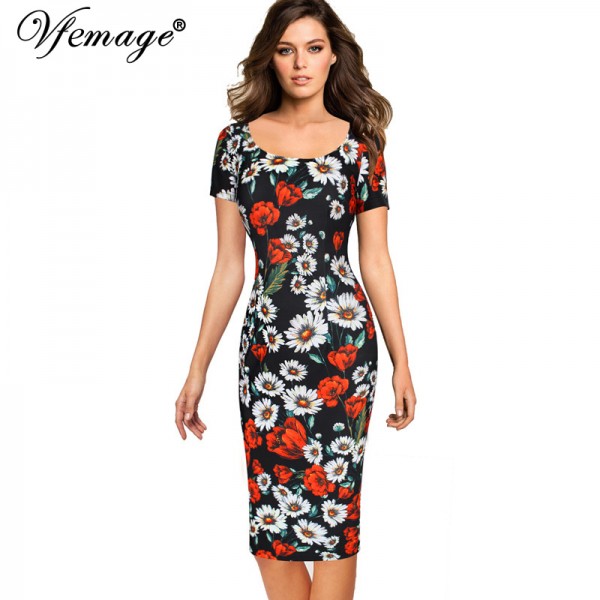 Vfemage Womens Summer Elegant Floral Printed Vintage Pinup Short Sleeve Casual Wear To Work Party Bodycon Sheath Dress 4768