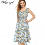 Vfemage Womens Summer Elegant Vintage Draped Frill Polka Dot Patchwork Sleeveless Casual Work Party A-Line Skater Dress 2922