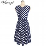 Vfemage Womens Summer Elegant Vintage Draped Frill Polka Dot Patchwork Sleeveless Casual Work Party A-Line Skater Dress 2922