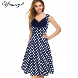 Vfemage Womens Summer Elegant Vintage Draped Frill Polka Dot Patchwork Sleeveless Casual Work Party A-Line Skater Dress 2922