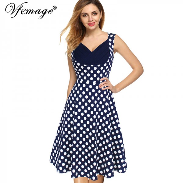 Vfemage Womens Summer Elegant Vintage Draped Frill Polka Dot Patchwork Sleeveless Casual Work Party A-Line Skater Dress 2922