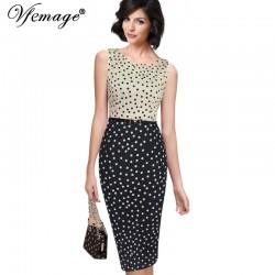 Vfemage Womens Summer Elegant Vintage Polka Dot Contrast Belted Patchwork Casual Wear To Work Office Sheath Pencil Dress 2850