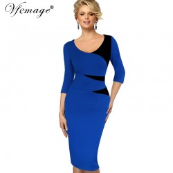 Vfemage Womens Vintage Stylish Ladylike Casual Patchwork 3/4 Sleeve O-Neck Bodycon Women Office Wear to work Pencil Dress 4435