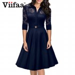 Viifaa 2016 Women Lace Rockabilly Dress Vintage Evening Party Sexy Autumn Dress 1950s Turn Down Collar Elegant Black Dresses