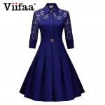 Viifaa 2016 Women Lace Rockabilly Dress Vintage Evening Party Sexy Autumn Dress 1950s Turn Down Collar Elegant Black Dresses