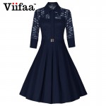 Viifaa 2016 Women Lace Rockabilly Dress Vintage Evening Party Sexy Autumn Dress 1950s Turn Down Collar Elegant Black Dresses