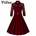 Viifaa 2016 Women Lace Rockabilly Dress Vintage Evening Party Sexy Autumn Dress 1950s Turn Down Collar Elegant Black Dresses