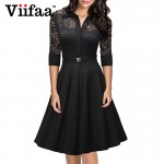 Viifaa 2016 Women Lace Rockabilly Dress Vintage Evening Party Sexy Autumn Dress 1950s Turn Down Collar Elegant Black Dresses