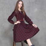 Vintage 50s Red Plaid Dress for Women Hepburn Autumn Spring Plaid Classic Long Sleeve O Neck Preppy Style Casual Dress Vestidos