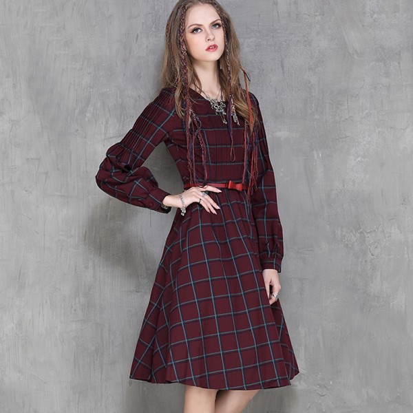 Vintage 50s Red Plaid Dress for Women Hepburn Autumn Spring Plaid Classic Long Sleeve O Neck Preppy Style Casual Dress Vestidos
