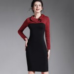 Vintage Autumn Winter Dress With Long Sleeves Women 50S Vintage Knitting Patchwork Red Plaid Turn-down Collar Dress B238