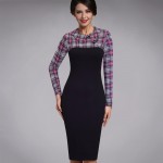 Vintage Autumn Winter Dress With Long Sleeves Women 50S Vintage Knitting Patchwork Red Plaid Turn-down Collar Dress B238
