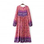 Vintage Bohemia Chest Lace Up Bow Colorful Ethnic Flower Loose Dress Long Sleeve Fashion Women Knee-Length Vestidos Q17-01-21