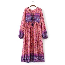 Vintage Bohemia Chest Lace Up Bow Colorful Ethnic Flower Loose Dress Long Sleeve Fashion Women Knee-Length Vestidos Q17-01-21