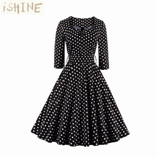 Vintage Dress Women Dots Long Sleeve A-line Dresses Spring Fall Winter