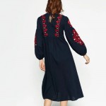 Vintage Ethnic Embroidery Autumn Dress Women Drawstring Round Neck Lantern Sleeve Long Dress maxi Jurk robe longue CCWM8138