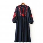 Vintage Ethnic Embroidery Autumn Dress Women Drawstring Round Neck Lantern Sleeve Long Dress maxi Jurk robe longue CCWM8138