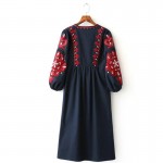 Vintage Ethnic Embroidery Autumn Dress Women Drawstring Round Neck Lantern Sleeve Long Dress maxi Jurk robe longue CCWM8138