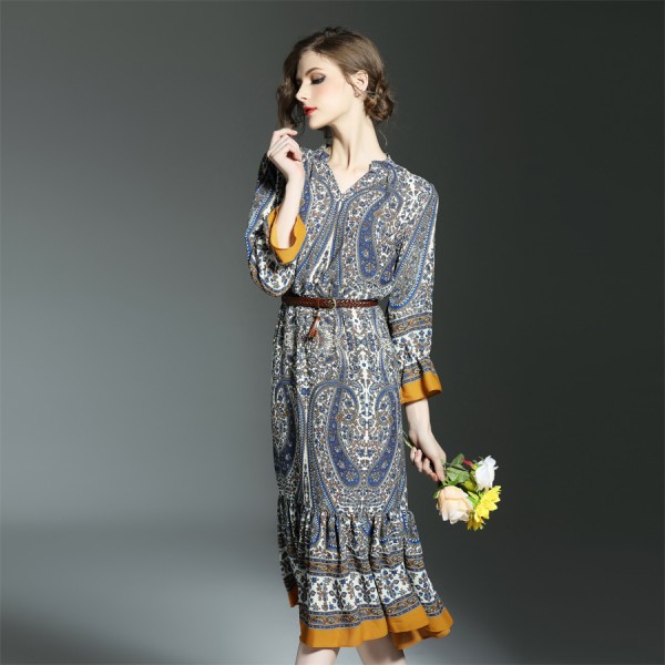 Vintage Fashion Dress Female Spring Summer 2017 3/4 Flare Sleeve Pleated Patchwork Retro Palace Floral Print Belt Casual Dress