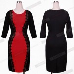 Vintage Fashion Women Elegant Floral Lace Crochet Patchwork Half Sleeve Colorblock Wear to Work Office Fitted Bodycon Dress 748