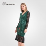 Vintage Floral Embroidery Lace Party Dresses Women 2017 Long Sleeve Autumn Winter Velvet Dress Female Work Office Bodycon Dress