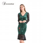 Vintage Floral Embroidery Lace Party Dresses Women 2017 Long Sleeve Autumn Winter Velvet Dress Female Work Office Bodycon Dress