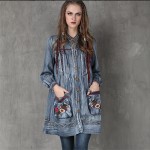 Vintage Floral Embroidery Women Dress Cotton&Linen Loose Stand Collar Dress Denim Womens Long Sleeve Dresses Vestidos Femininos 