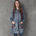 Vintage Floral Embroidery Women Dress Cotton&Linen Loose Stand Collar Dress Denim Womens Long Sleeve Dresses Vestidos Femininos 