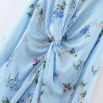 Vintage Floral Pattern Blue Striped Knee-Length Dress Turn-down Collar Long Sleeve Fashion Women Vestidos femme Brand Q17-03-17