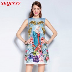 Vintage Jacquard Mini Dress 2017 Spring Summer High Quality Fashion Embroidery Print O-Neck Empire Buttons Women Tank Dress
