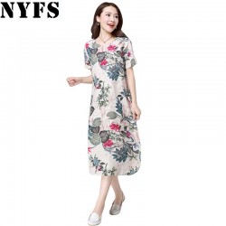 Vintage Large Size Floral Print Cotton Linen Dress Women short Sleeve Dress Casual Maternity Dress Vestidos Robe 2018 Dress