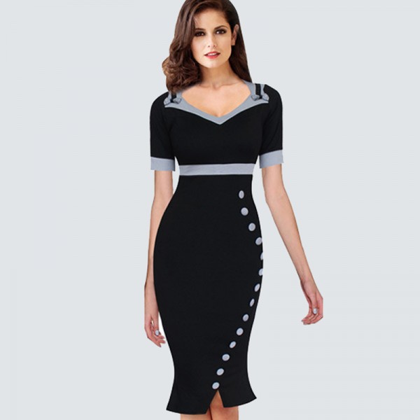 Vintage Mermaid Women Office Dress Summer Casual Contrast Patchwork Sheath Bodycon Party Dress B220