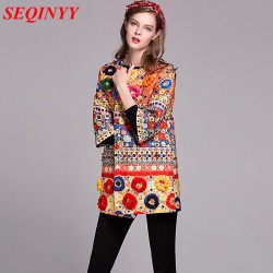 Vintage Novelty Coat 2016 Autumn New Fashion Daily Flowers Applique Luxury Print Three Quarter Sleeve Woman Coat