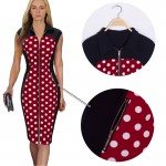 Vintage Polka Dot Elegant Summer Women Sleeveless Front Zipper Contrast  Dresses Evening Party  Bodycon Pencil Wear dress B213