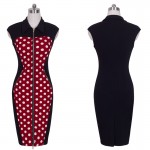 Vintage Polka Dot Elegant Summer Women Sleeveless Front Zipper Contrast  Dresses Evening Party  Bodycon Pencil Wear dress B213