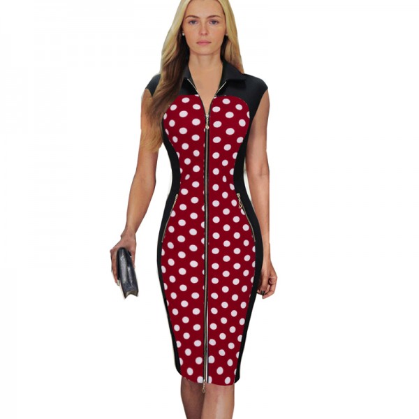 Vintage Polka Dot Elegant Summer Women Sleeveless Front Zipper Contrast  Dresses Evening Party  Bodycon Pencil Wear dress B213