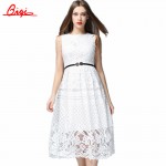 Vintage Robe New 2016 Summer Fashion Hollow Black / White Lace Elegant Party Dress High Quality Women Sleeveless Casual Dresses