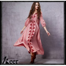 Vintage ankle-length v neck print maxi dress 2018 spring autumn summer long boho ethnic festival dresses for women gown robe