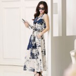 Vintage floral dress female 2016 Women Summer Dress casual Cotton Linen Sleeveless elegant blue black Dress vestido