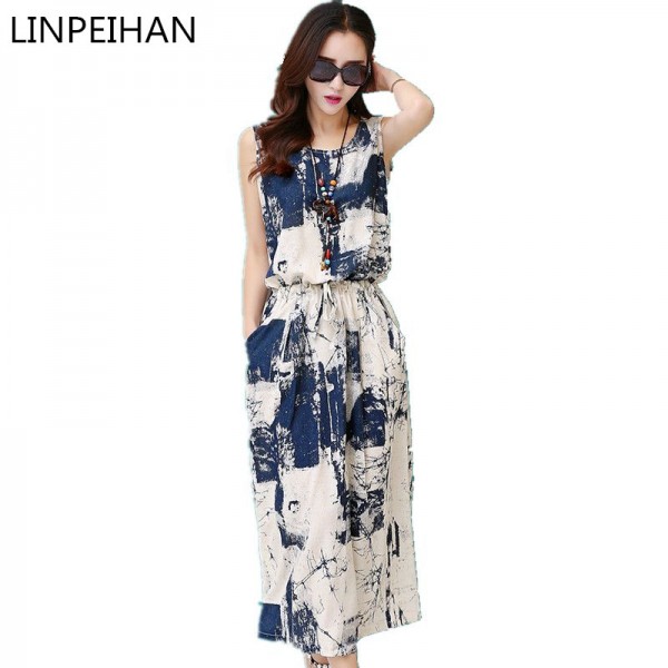 Vintage floral dress female 2016 Women Summer Dress casual Cotton Linen Sleeveless elegant blue black Dress vestido