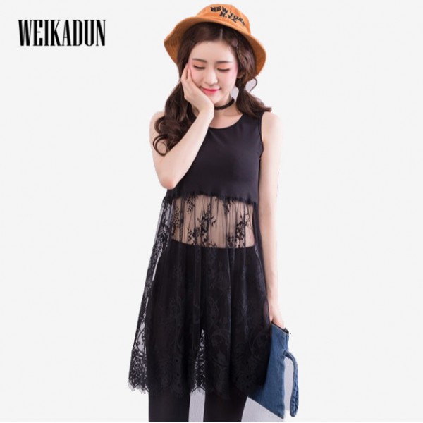 WEIKADUN 2018 Summer Women Lace Dress Black White Casual Sexy Sleeveless Mesh lace dress See Through Beach Dresses   L167