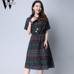 WYHHCJ 2017 Spring/Summer Linen fashion women dress Loose Stand Print Plus size M-XXL Casual dresses