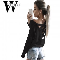 WYHHCJ 2017 women spring/summer t shirt fashion unicorn sexy Long sleeve women top back cross hollow out clothes loose t shirt 