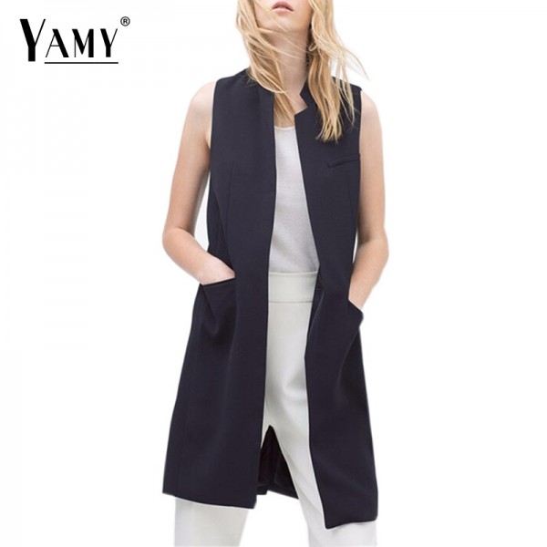 White Black Office Elegant Sleeveless Blazer Autumn Vest Women Stand Collar Long Waistcoat Casual Jacket Colete Feminino