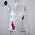 White Floral Embroidery Cami Sexy Satin Tops Off Shoulder Strap V Neck Short Women Tops Summer Beach Elegant Girls Blusa Shirt