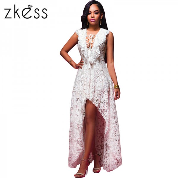 White Lace Ruffles Neck Sleeveless High Low Party Dress LC61127