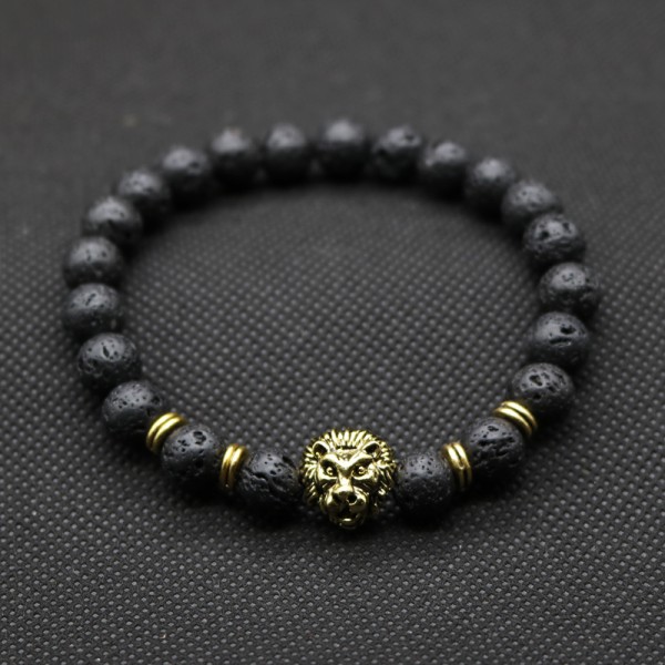 Wholesale Antique Gold-Color Buddha Leo Lion Head Bracelet Black Lava Stone Beaded Bracelets For Men Women Pulseras Hombre N4-3