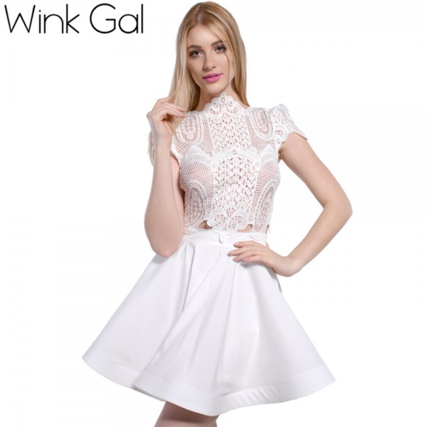 Wink Gal 2016 Spring Short Women Dress Hollow Out Sexy &Club Ladies Dresses Mini Summer Dress Short Sleeve Slim White Dress